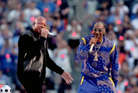 INGLEWOOD, CALIFORNIA - FEBRUARY 13: (L-R) Dr. Dre and Snoop Dogg perform during the Pepsi Super Bowl LVI Halftime Show at SoFi Stadium on February 13, 2022 in Inglewood, California. (Photo by Rob Carr/Getty Images)