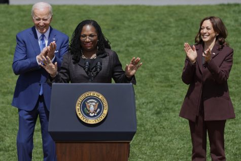 WASHINGTON, DC - APRIL 08: Judge Ketanji Brown Jackson (C) delivers remarks during an event celebrating her confirmation to the U.S. Supreme Court with U.S. President Joe Biden (L) and Vice President Kamala Harris (R) on the South Lawn of the White House on April 08, 2022 in Washington, DC. Judge Jackson was confirmed by the Senate 53-47 and is set to become the first Black woman to sit on the highest court. (Photo by Chip Somodevilla/Getty Images)