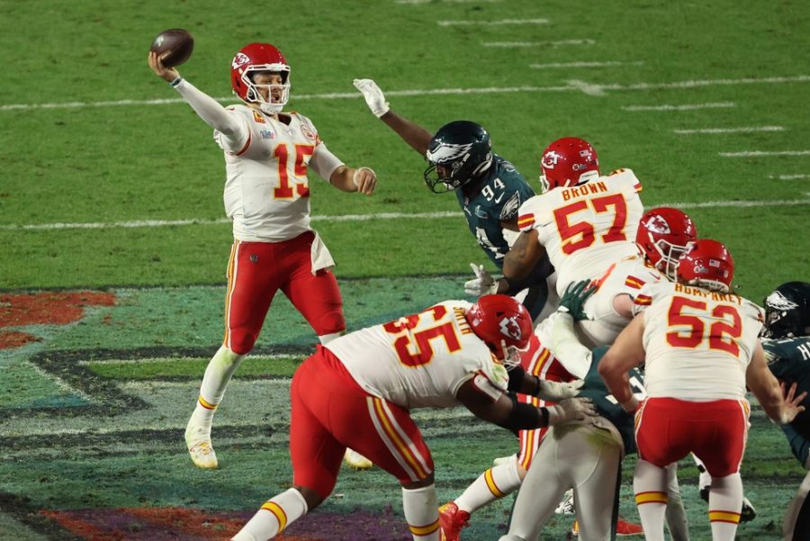 GLENDALE%2C+ARIZONA+-+FEBRUARY+12%3A+Patrick+Mahomes+%2315+of+the+Kansas+City+Chiefs+throws+a+pass+against+the+Philadelphia+Eagles+during+the+fourth+quarter+in+Super+Bowl+LVII+at+State+Farm+Stadium+on+February+12%2C+2023+in+Glendale%2C+Arizona.+%28Photo+by+Sean+M.+Haffey%2FGetty+Images%29
