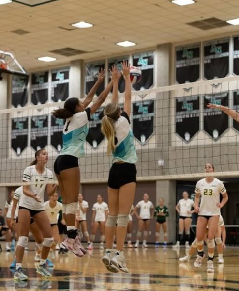 Bree Carson (12) and Tariya Jackson (12) jump for the ball